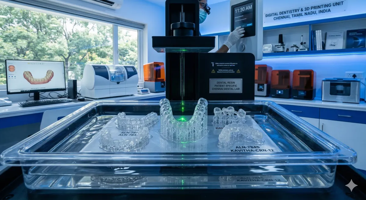 3D printer producing dental aligners and crowns in modern Chennai dental lab