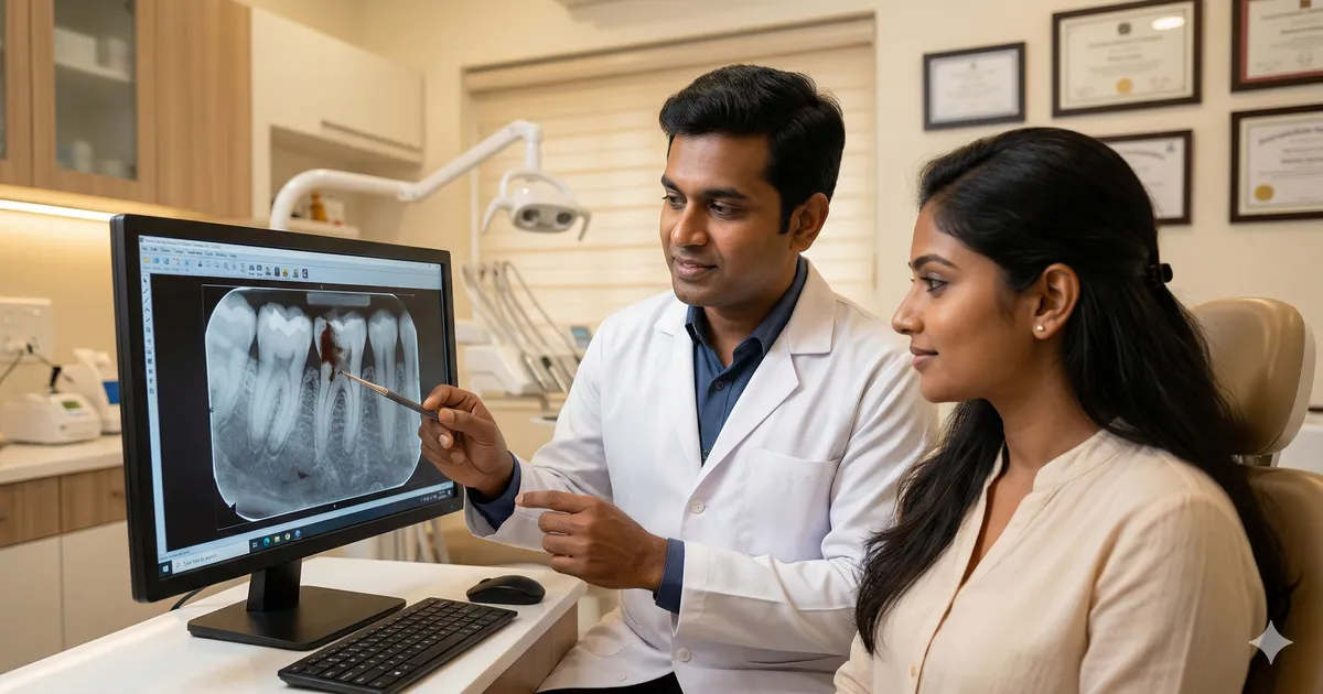 Comparison of root canal treatment vs tooth extraction decision tree showing factors for Chennai patients