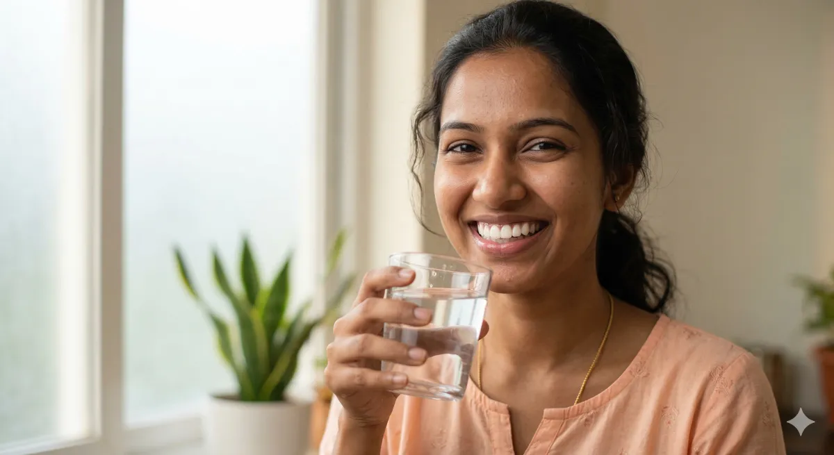Young Indian woman smiling brightly holding a glass of water after teeth whitening