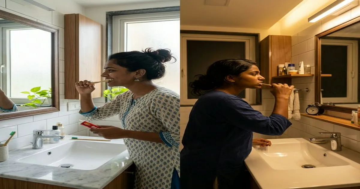 Split image showing morning and night brushing routine for optimal oral health