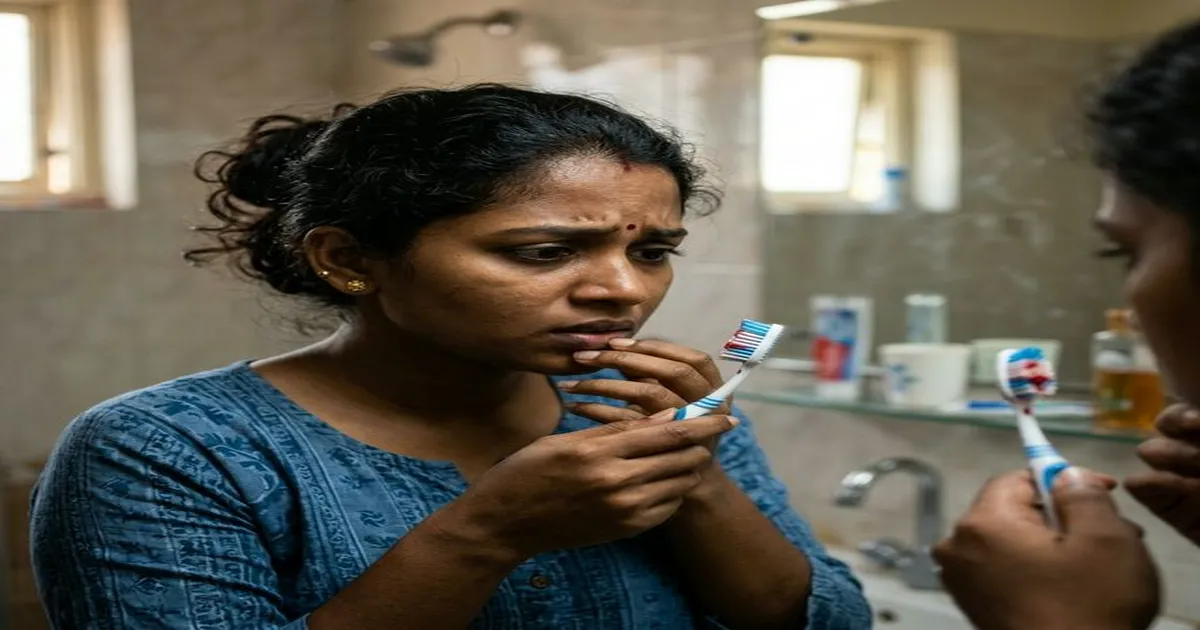 Close-up comparison of healthy pink gums versus inflamed bleeding gums with gingivitis