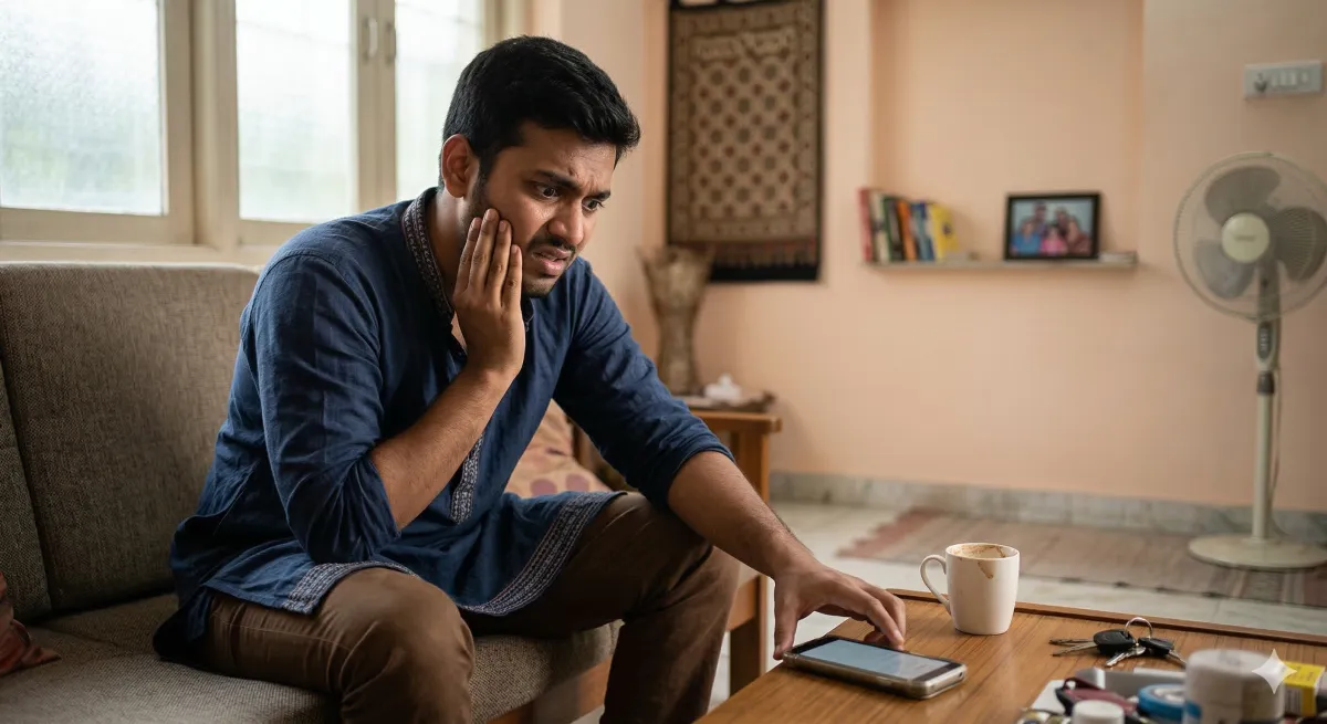 Young Indian man holding jaw in pain reaching for phone at home — dental emergency