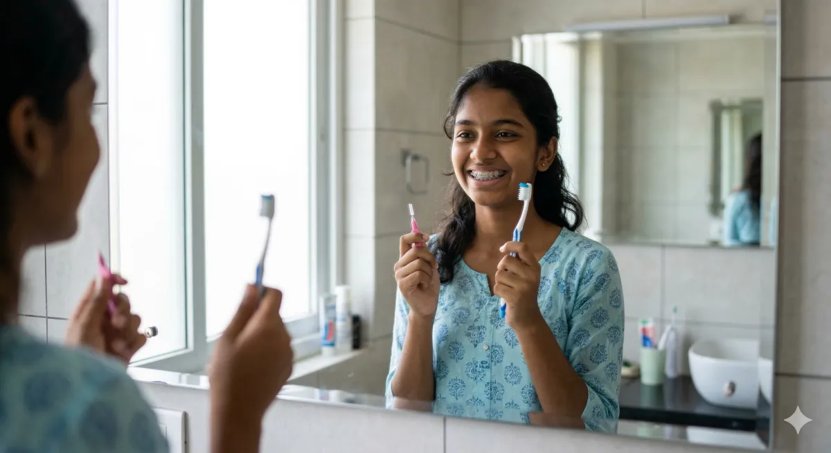 Smiling Indian teenage girl with braces holding orthodontic toothbrush in bathroom mirror