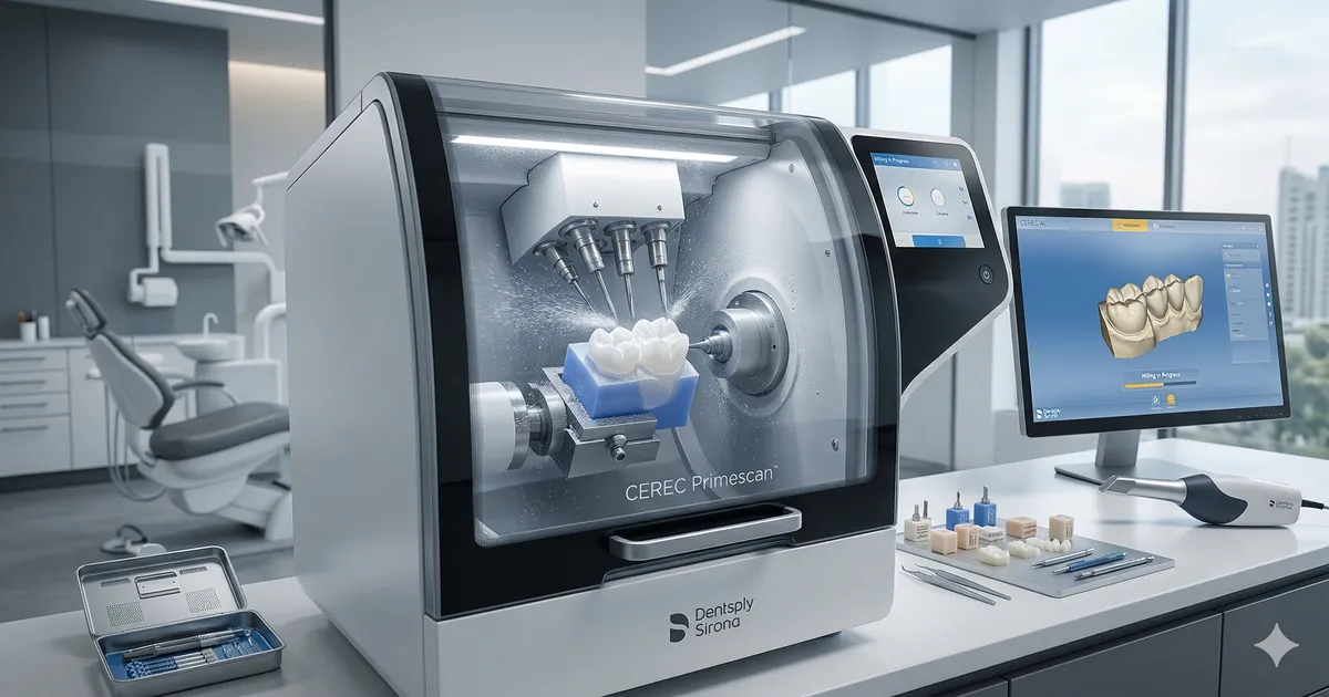 CEREC digital crown milling machine creating same-day dental crown in modern Chennai dental clinic
