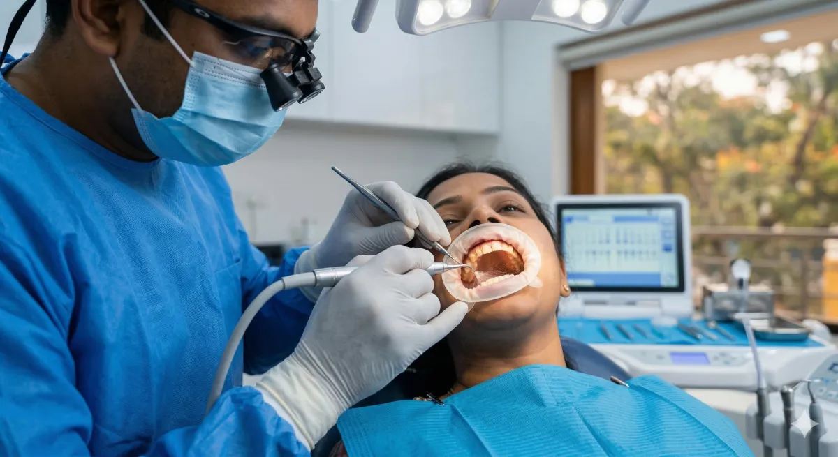 Indian dentist performing ultrasonic teeth scaling on a patient in modern clinic