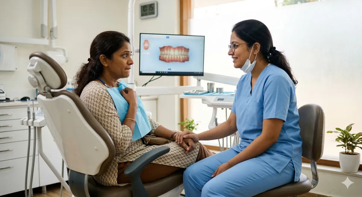 Kind Indian dentist gently holding anxious patient's hand reassuringly in dental clinic