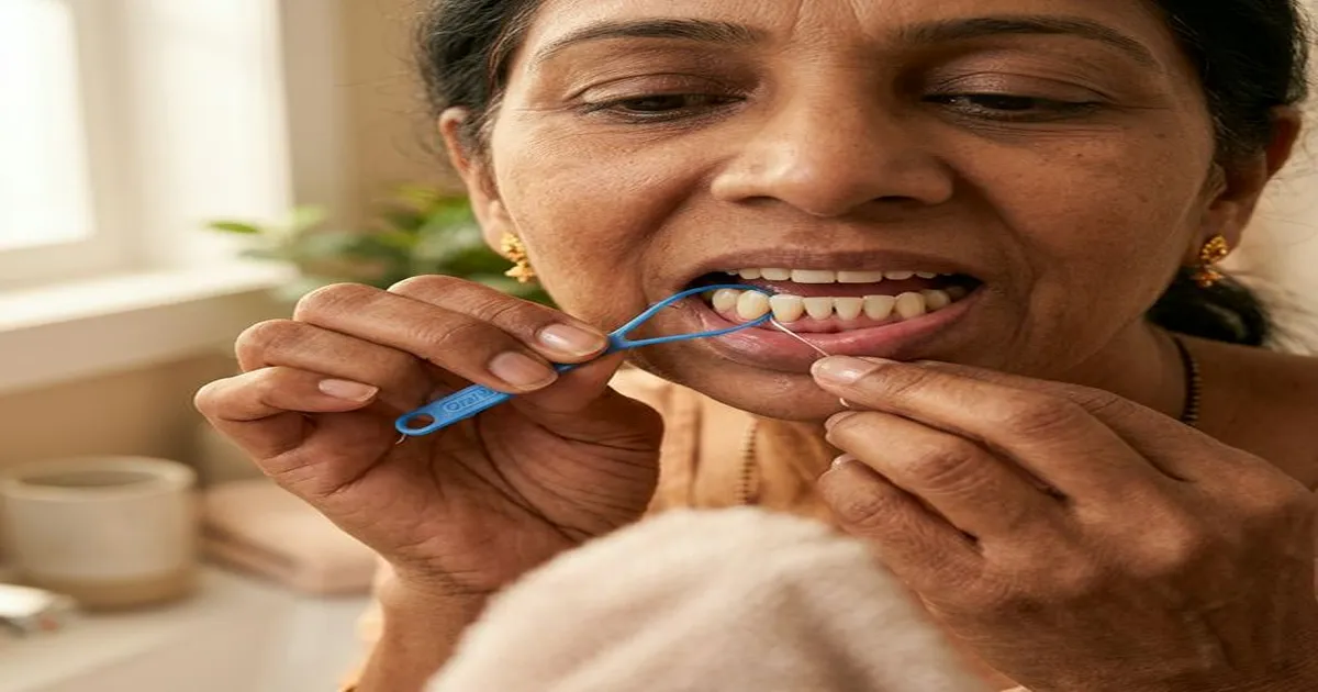 Dental bridge flossing technique illustration showing floss threader cleaning under pontic