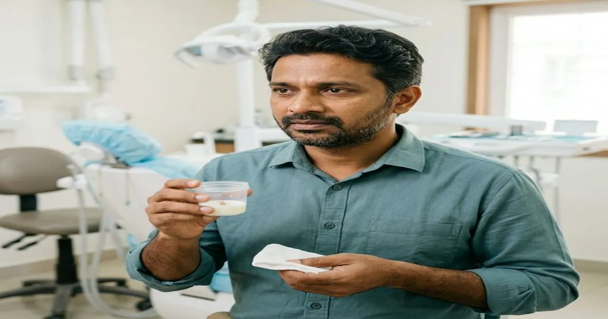Indian adult holding a knocked-out tooth safely in a container of milk
