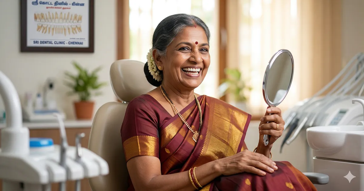 Happy elderly patient in Chennai smiling confidently after successful dental implant treatment at age 75