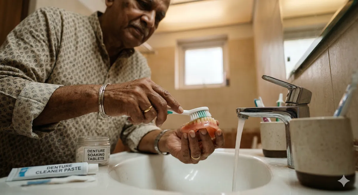 Elderly Indian man carefully cleaning dentures with soft brush over sink at home