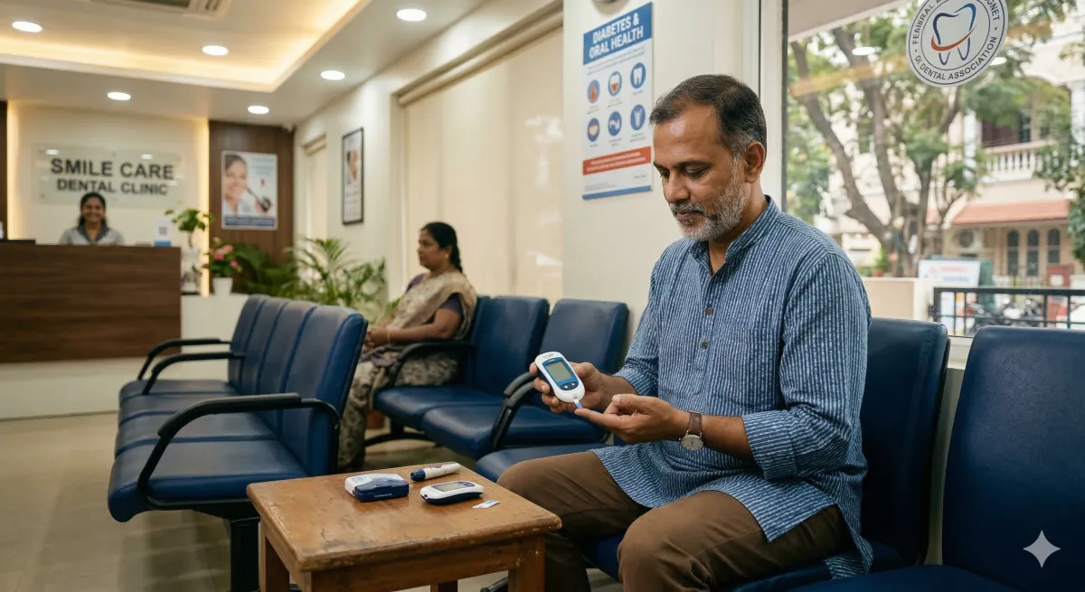 Indian man checking blood sugar with glucometer in dental clinic waiting area
