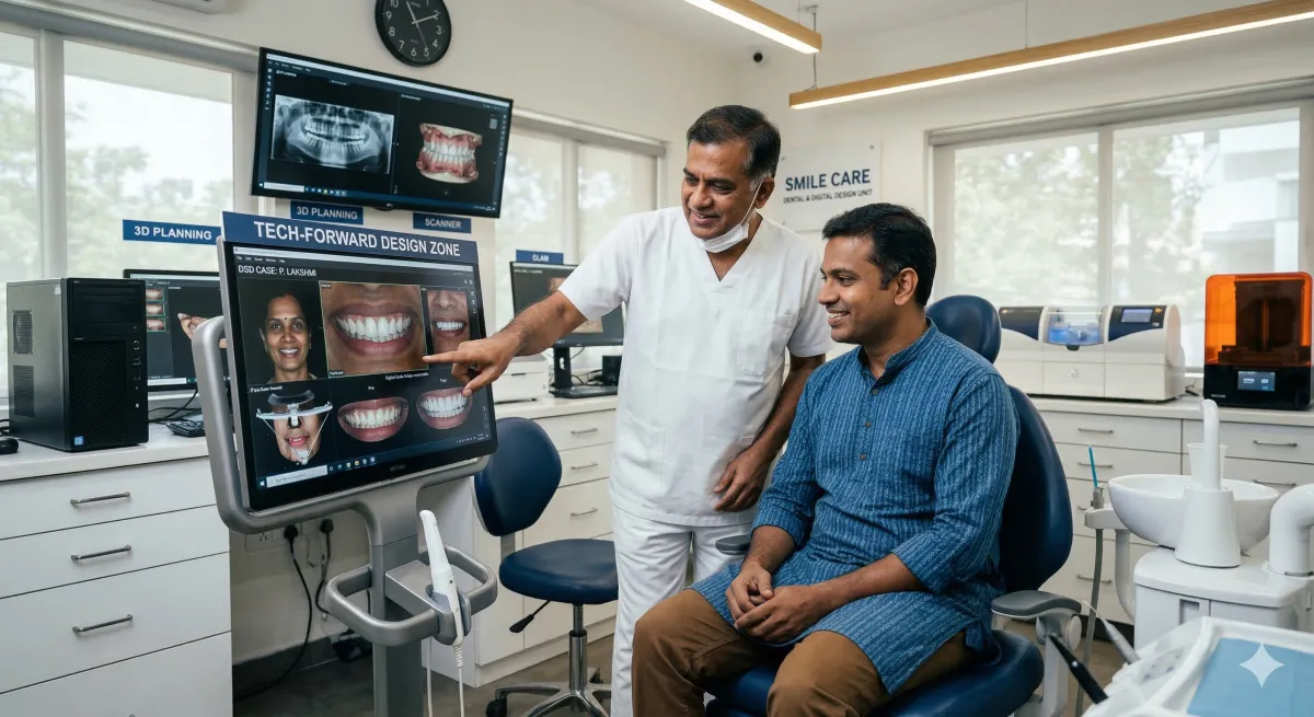 Indian dentist showing digital smile design mockup on large screen to patient