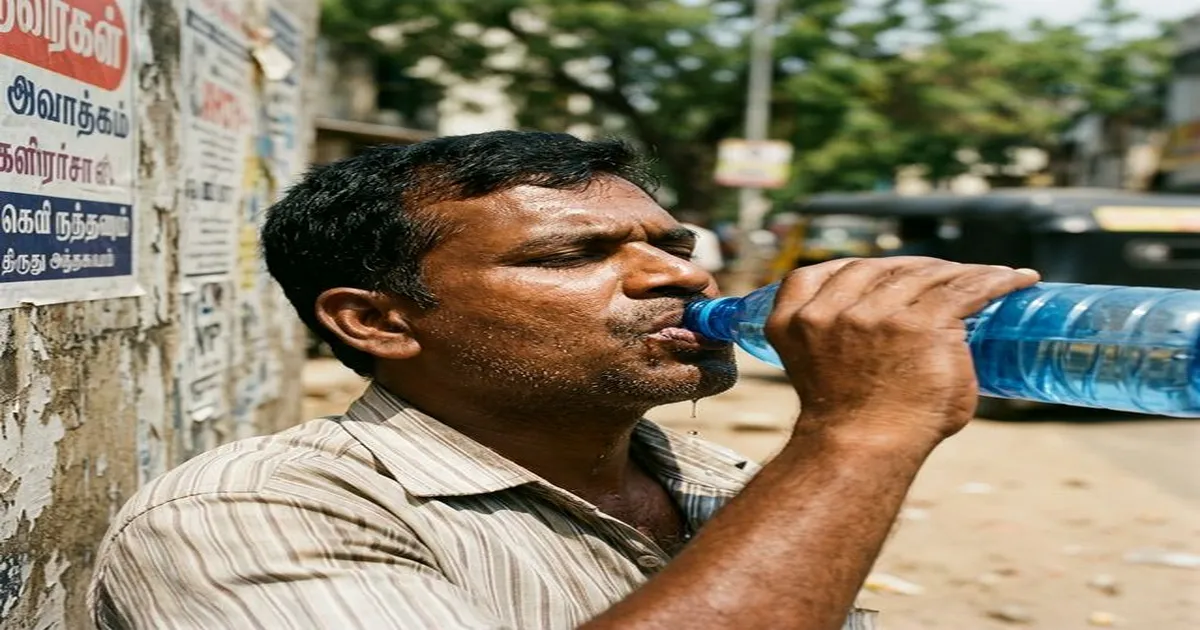 Indian person looking parched and actively drinking from a large water bottle