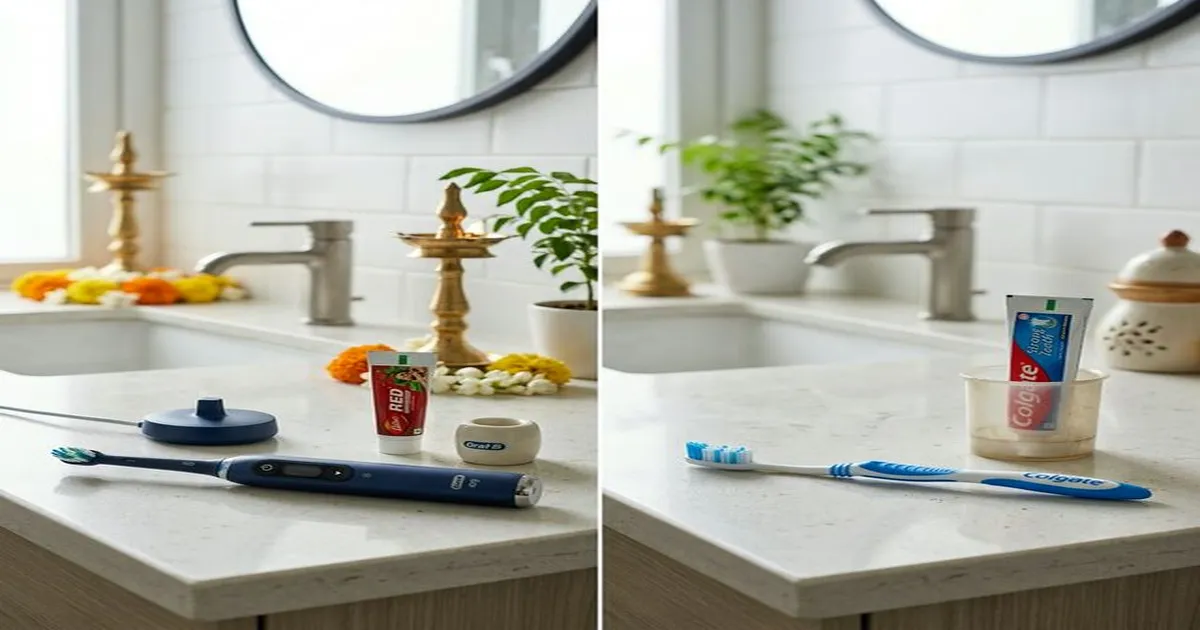 Side-by-side comparison of electric and manual toothbrush
