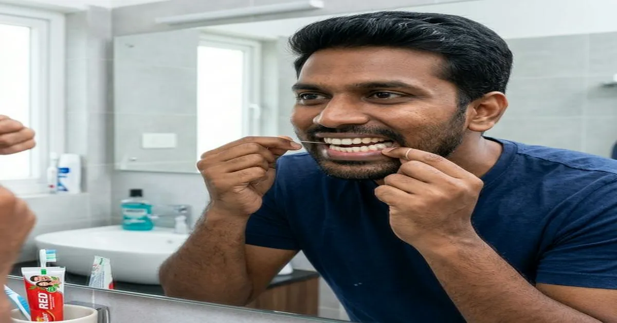 Indian person with South Indian features effectively using dental floss