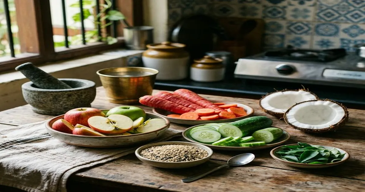 Array of Indian teeth-cleaning foods including apples, carrots, cucumber, guava, and leafy greens