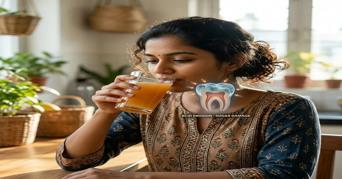 Indian child or adult drinking fruit juice with a graphic of enamel wear