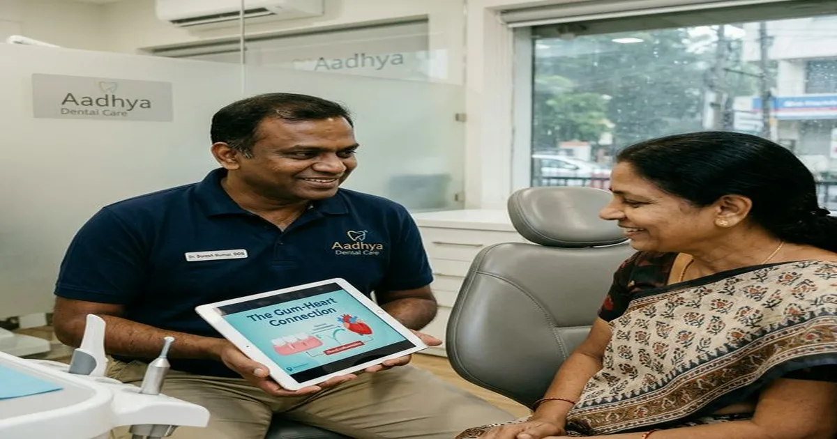 Dentist showing digital graphic linking healthy heart and healthy gums