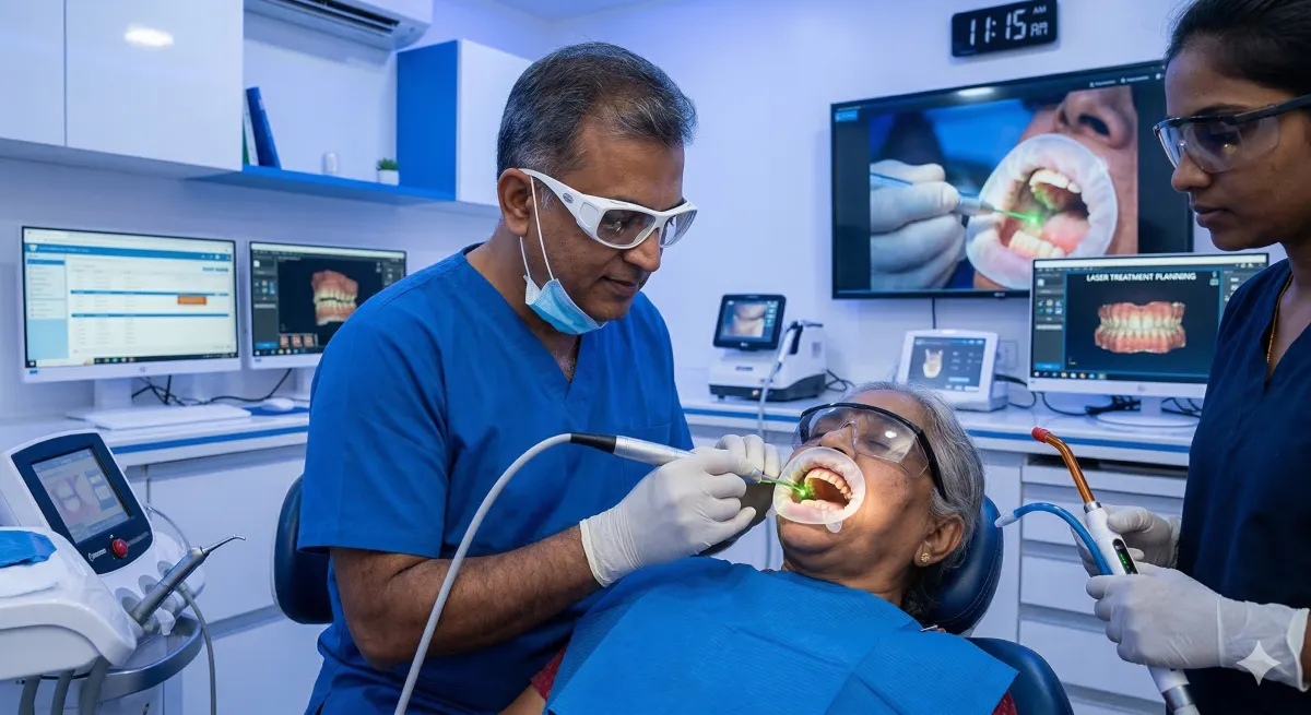 Indian dentist using dental laser with safety glasses in high-tech clinic