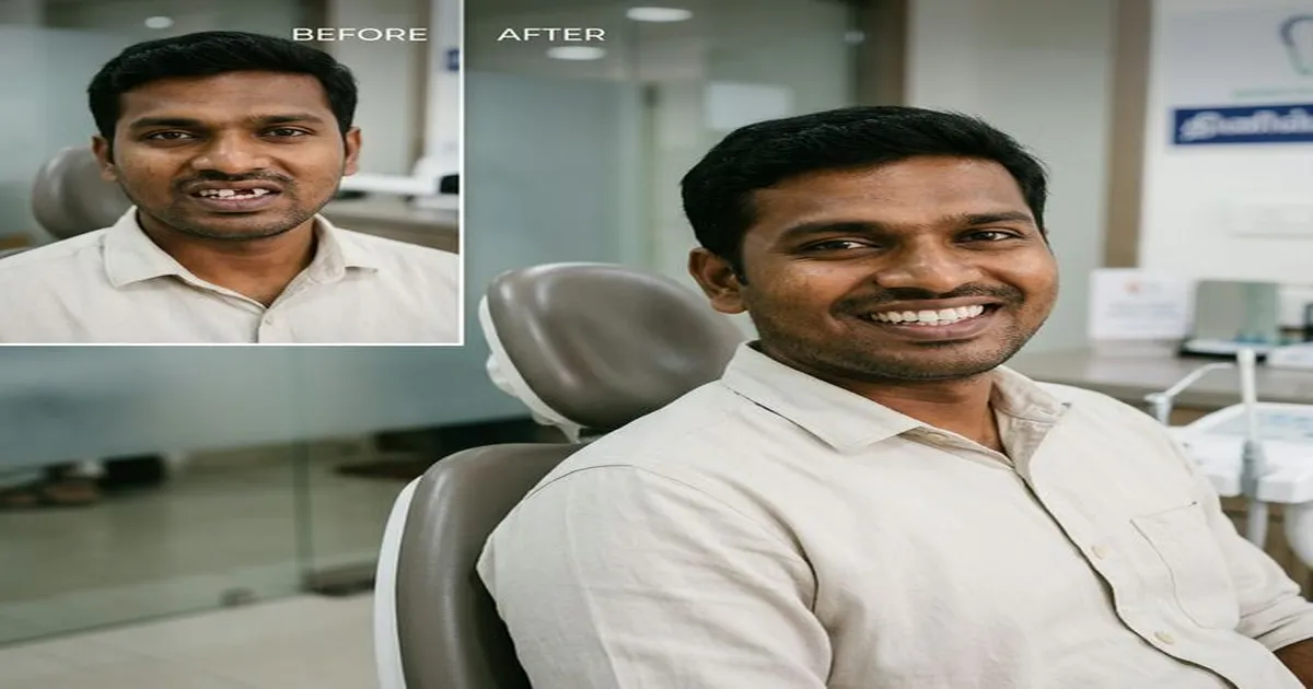Before and after dental trauma reconstruction showing restored smile after tooth avulsion from Chennai accident