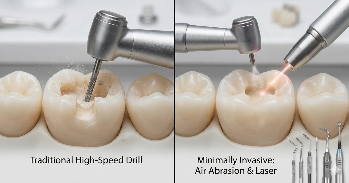 Comparison of traditional drill vs minimally invasive air abrasion showing preserved tooth structure