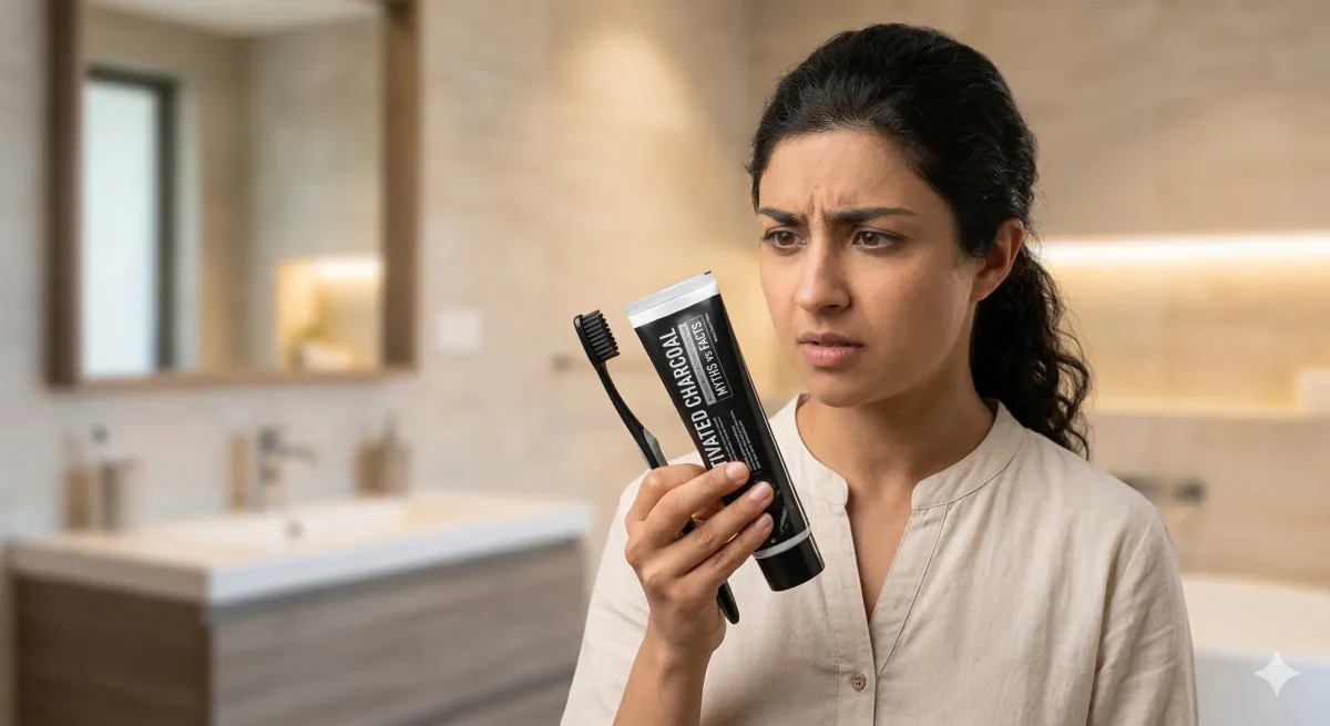 Charcoal toothpaste on a toothbrush — dental myth vs fact
