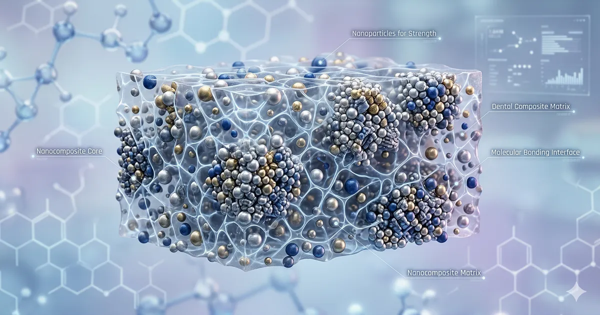 Microscopic view of nanoparticles in advanced dental filling material showing enhanced molecular strength