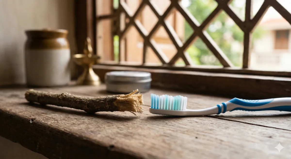 Traditional neem datun next to modern toothbrush on wooden surface in Indian home