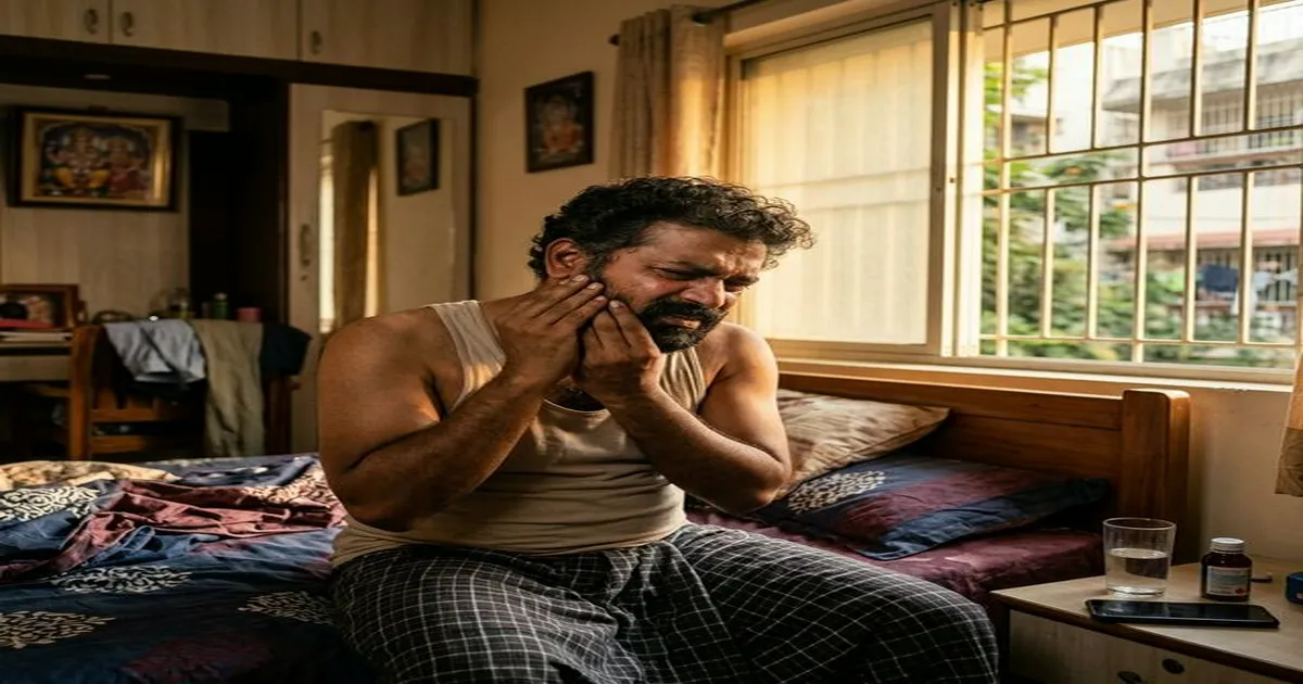 Stressed Indian person holding jaw in pain after waking up