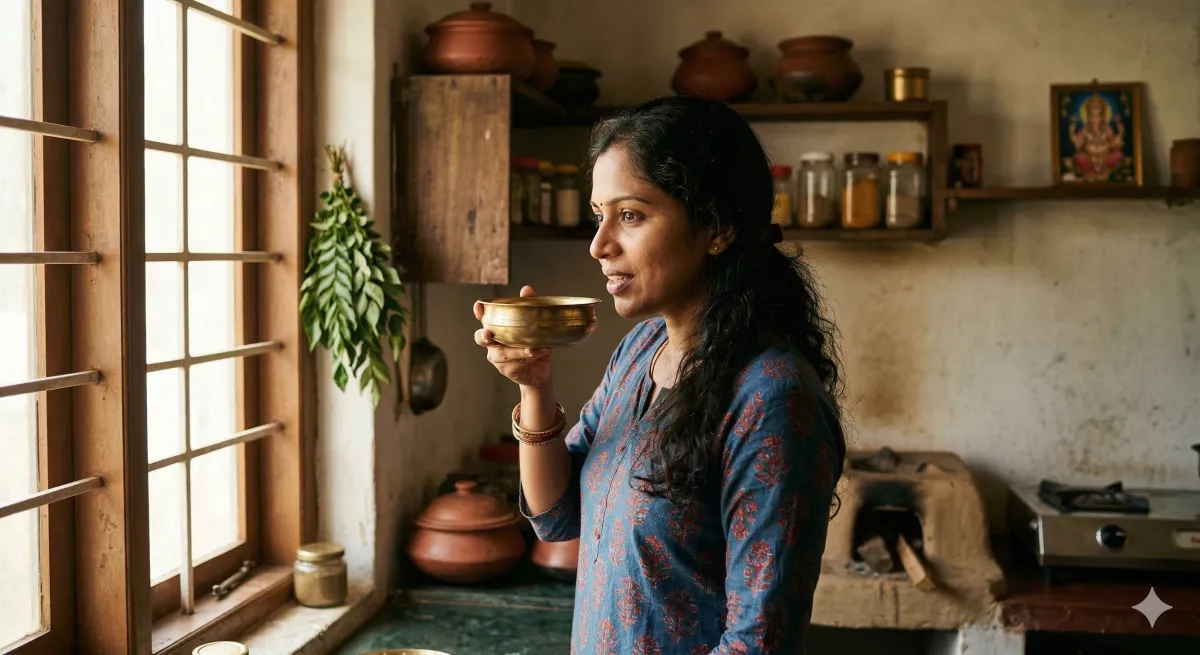 Indian woman holding brass bowl of coconut oil in traditional kitchen — oil pulling myth vs fact