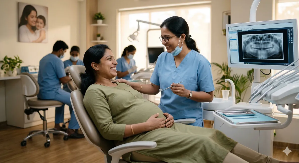 Smiling pregnant Indian woman having dental checkup with caring female dentist