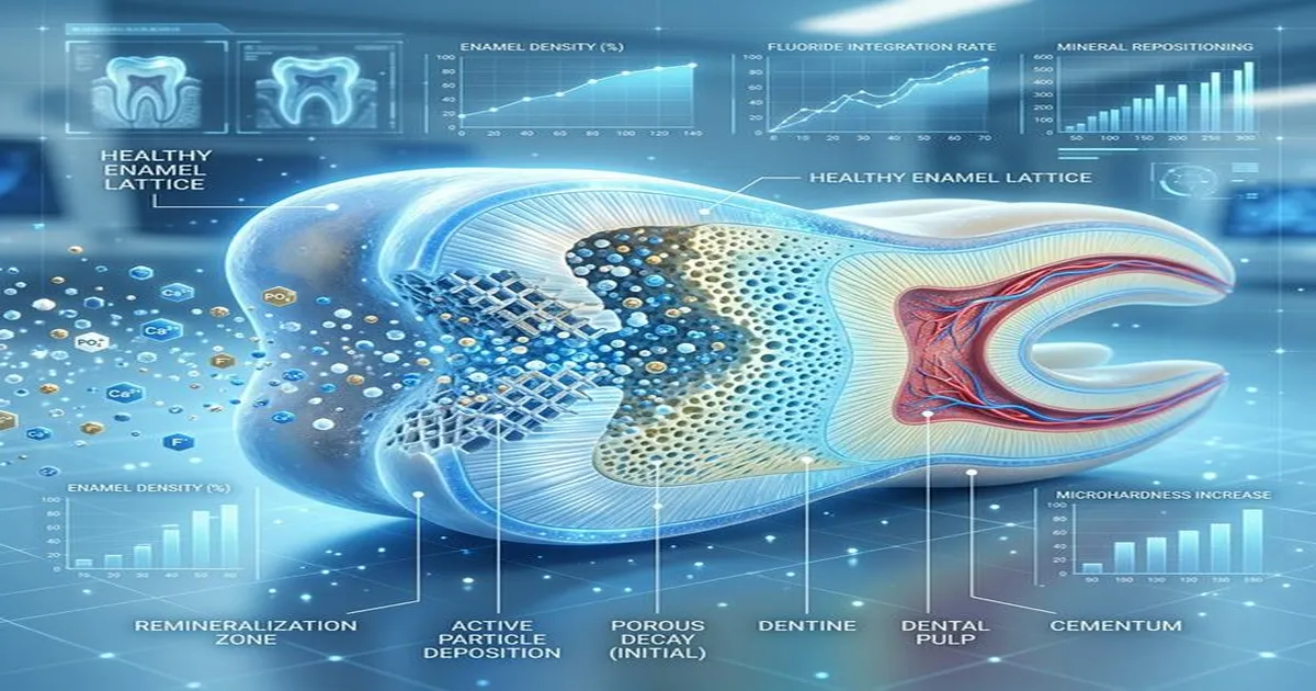 3D cross-section of a human tooth showing enamel remineralization with scientific data particles