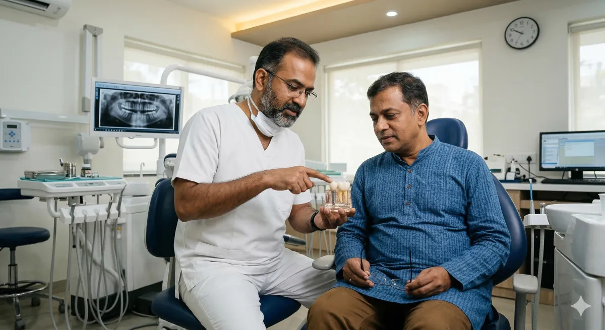 Indian dentist showing single dental implant model to middle-aged patient in clinic