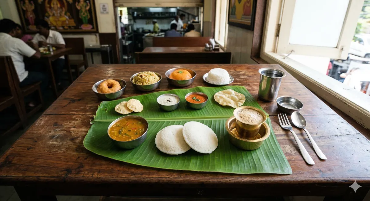 Traditional South Indian meal on banana leaf with idli, sambar, filter coffee in Chennai restaurant