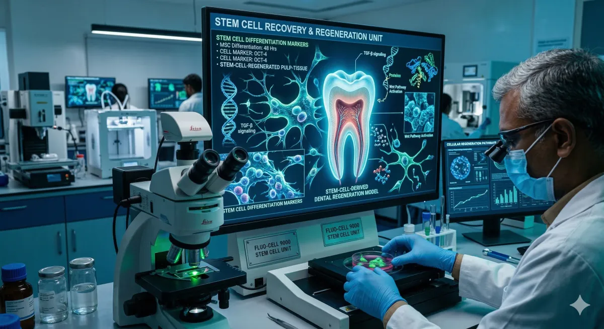 Scientist in dental research lab with microscope and stem cell tooth regeneration display