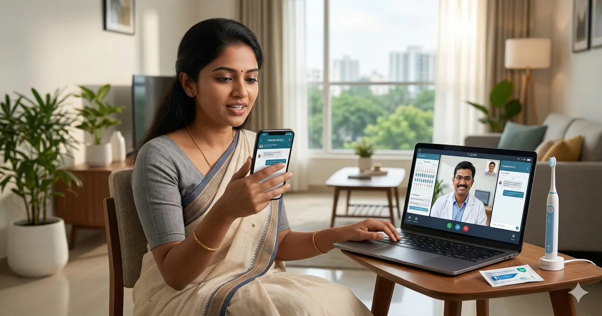 Patient having remote dental consultation via video call on smartphone with Chennai dentist using teledentistry