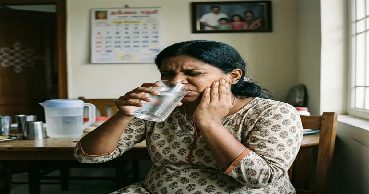 Patient experiencing tooth sensitivity after dental cleaning with desensitizing toothpaste solution