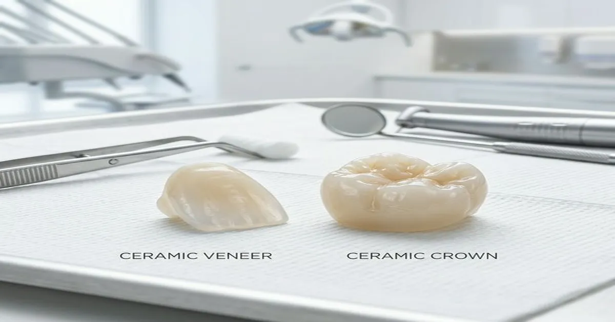 Side-by-side visual comparison of a ceramic dental veneer and a full ceramic dental crown